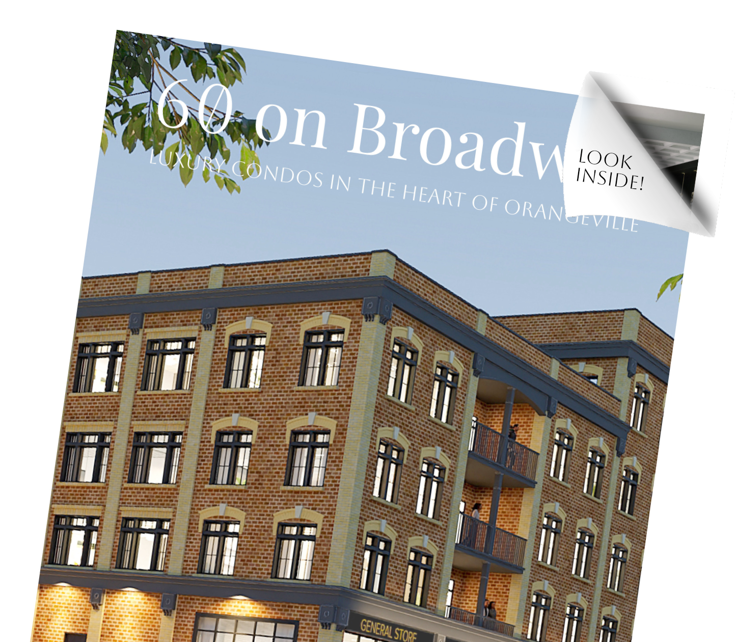 A preview of the 60 on Broadway Brochure Cover, the top right corner of the page is overturned and says: 'Look Inside!'