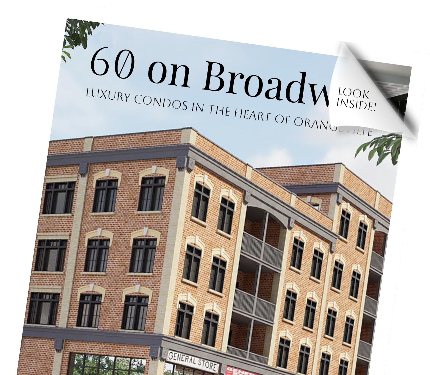 A preview of the 60 on Broadway Brochure Cover, the top right corner of the page is overturned and says: 'Look Inside!'